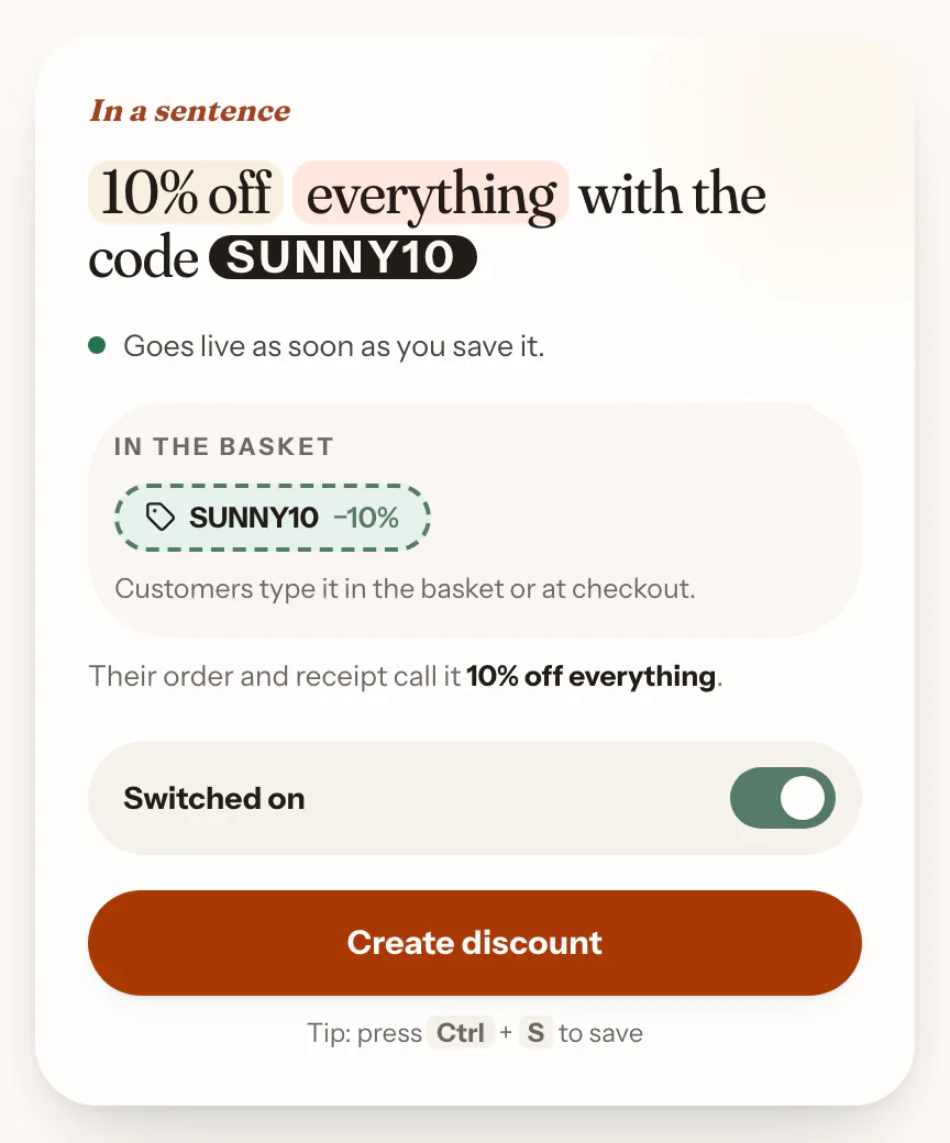 A discount written out as a sentence, 10% off everything with the code SUNNY10, and how the code will look in the basket