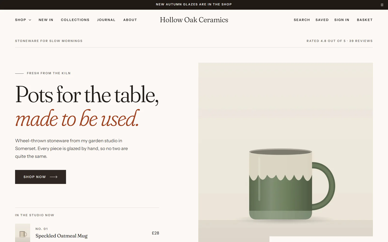 The home page of Hollow Oak Ceramics, a demo shop, on its own address